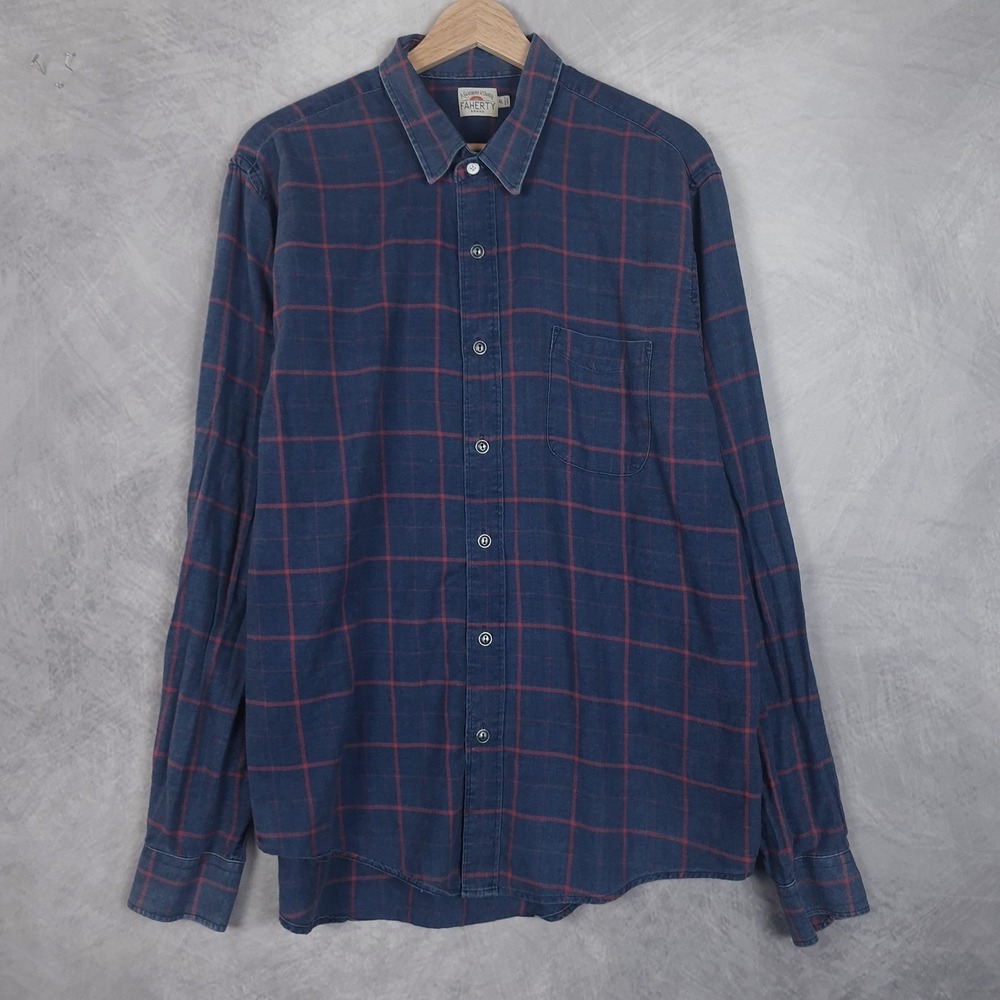 Faherty Brand Shirt Mens XL Blue Plaid Flannel Button Up Indigo Dyed Casual